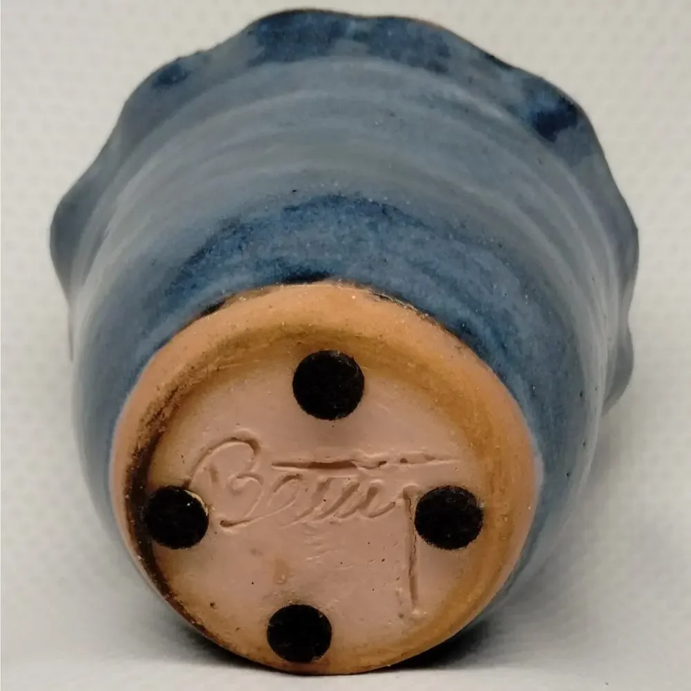 Studio Pottery Planter Blue Glaze Scalloped Edge Footed Hand Thrown Signed 5-In
